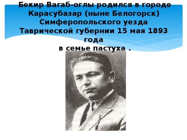   Бекир Вагаб-оглы родился в городе Карасубазар (ныне Белогорск) Симферопольского уезда Таврической губернии 15 мая 1893 года  в семье пастуха . 
