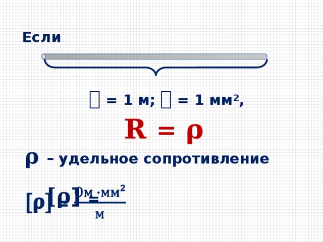 Если 𝓵  =  1 м; 𝐒  = 1 мм ²,  𝐑 = 𝛒 𝛒 – удельное сопротивление [𝛒] =    