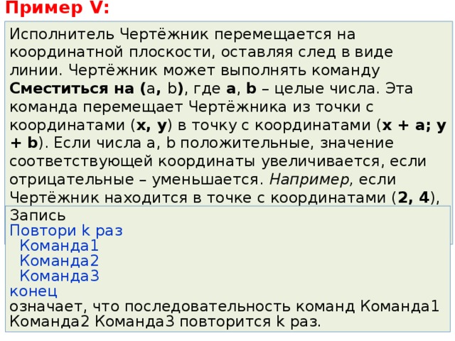 Пример V: Исполнитель Чертёжник перемещается на координатной плоскости, оставляя след в виде линии. Чертёжник может выполнять команду Сместиться на ( a , b ) , где a , b – целые числа. Эта команда перемещает Чертёжника из точки с координатами ( x, y ) в точку с координатами ( x + a; y + b ). Если числа a, b положительные, значение соответствующей координаты увеличивается, если отрицательные – уменьшается. Например, если Чертёжник находится в точке с координатами ( 2, 4 ), то команда Сместиться на ( 1, –5 ) переместит Чертёжника в точку ( 3, –1 ). Запись Повтори k раз  Команда1  Команда2  Команда3 конец означает, что последовательность команд Команда1 Команда2 Команда3 повторится k раз. 