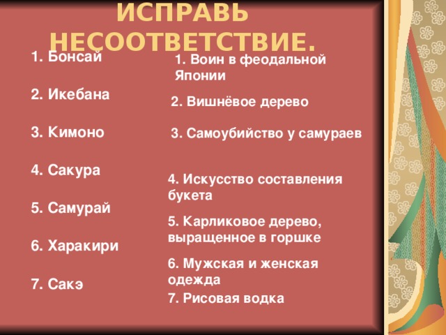 ИСПРАВЬ НЕСООТВЕТСТВИЕ.   Бонсай Икебана Кимоно Сакура Самурай Харакири Сакэ 1. Воин в феодальной Японии 2. Вишнёвое дерево 3. Самоубийство у самураев 4. Искусство составления букета 5. Карликовое дерево, выращенное в горшке 6. Мужская и женская одежда 7. Рисовая водка