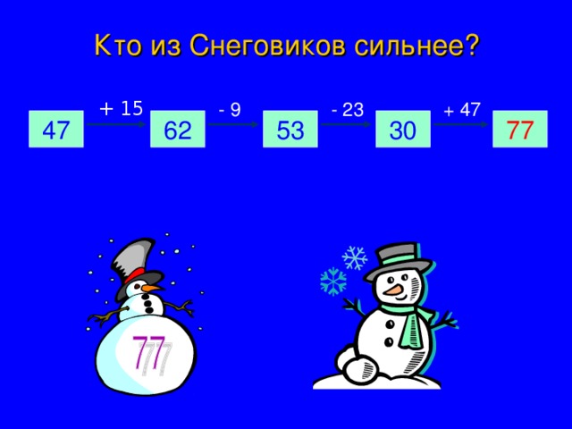 Кто из Снеговиков сильнее? + 15 - 9 - 23 + 47 77 47 30 53 62 - 7 + 25 - 48 + 14 74 42 56 81 90 