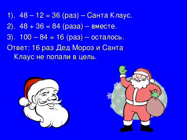 1). 48 – 12 = 36 (раз) – Санта Клаус. 2). 48 + 36 = 84 (раза) – вместе. 3). 100 – 84 = 16 (раз) – осталось. Ответ: 16 раз Дед Мороз и Санта Клаус не попали в цель. 