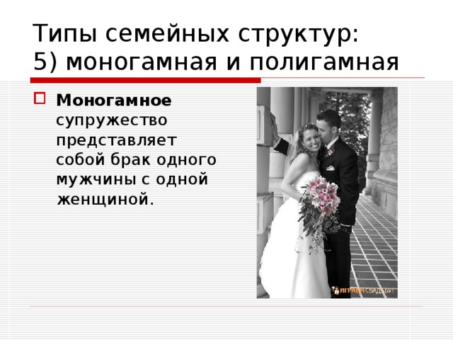 Типы семейных структур:  5) моногамная и полигамная Моногамное супружество представляет собой брак одного мужчины с одной женщиной. 