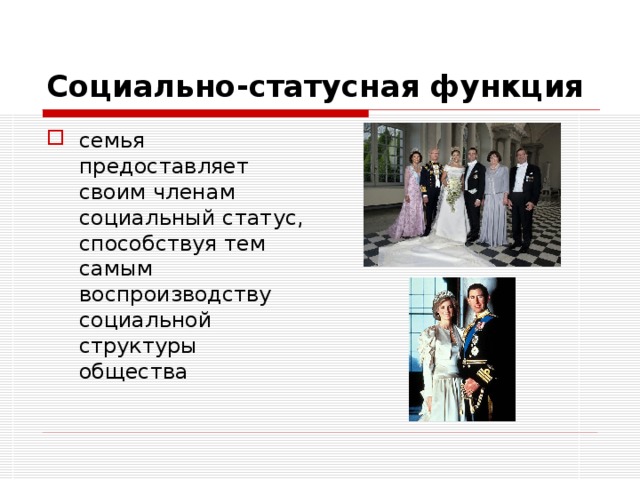 Социально-статусная функция  семья предоставляет своим членам социальный статус, способствуя тем самым воспроизводству социальной структуры общества 