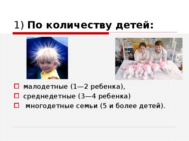 1) По количеству детей: малодетные (1—2 ребенка), среднедетные (3—4 ребенка)  многодетные семьи (5 и более детей). 
