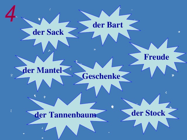 der Bart der Sack Fr eude der Mantel Geschenke  der Tannenbaum  der Stock