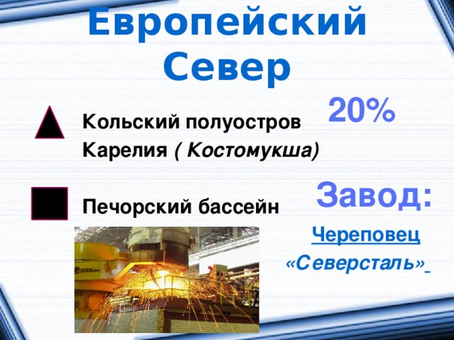 Европейский Север  Кольский полуостров  Карелия ( Костомукша)   Печорский бассейн  Череповец  «Северсталь»   20% Завод: 