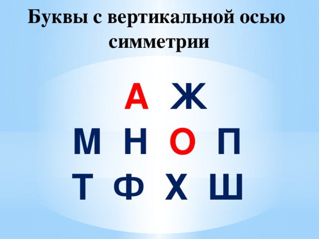 Буквы с вертикальной осью симметрии  А Ж   М Н  О  П   Т Ф Х Ш   