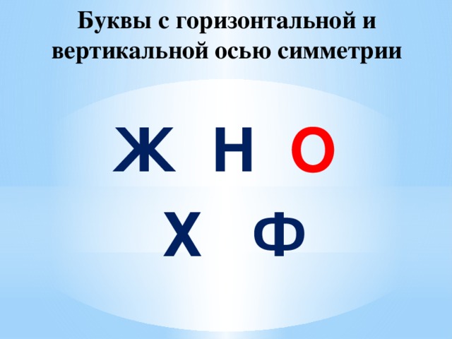 Буквы с горизонтальной и вертикальной осью симметрии  Ж Н О   Х Ф  