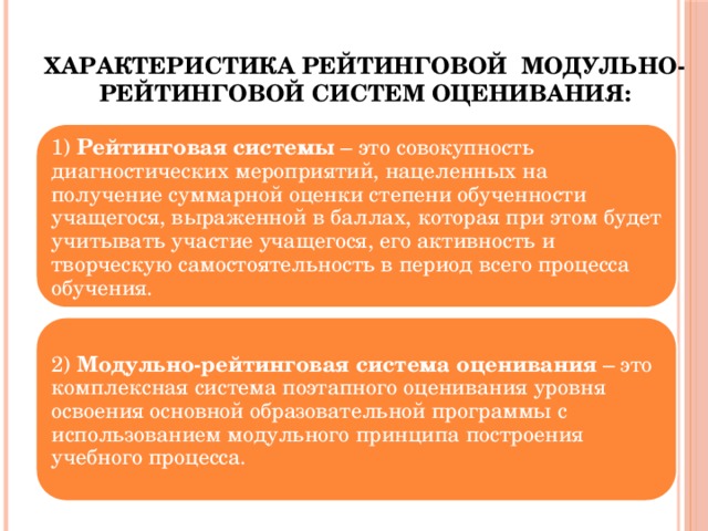 Характеристика рейтинговой модульно-рейтинговой систем оценивания: 1) Рейтинговая системы – это совокупность диагностических мероприятий, нацеленных на получение суммарной оценки степени обученности учащегося, выраженной в баллах, которая при этом будет учитывать участие учащегося, его активность и творческую самостоятельность в период всего процесса обучения. 2) Модульно-рейтинговая система оценивания – это комплексная система поэтапного оценивания уровня освоения основной образовательной программы с использованием модульного принципа построения учебного процесса. 