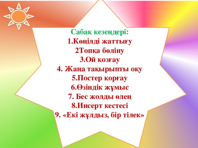  Сабақ кезеңдері: 1.Көңілді жаттығу 2Топқа бөліну 3.Ой қозғау 4. Жаңа тақырыпты оқу 5.Постер қорғау 6.Өзіндік жұмыс 7. Бес жолды өлең 8.Инсерт кестесі 9. «Екі жұлдыз, бір тілек»   