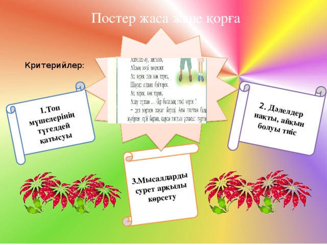 1.Топ мүшелерінің түгелдей қатысуы 2 . Дәлелдер нақты, айқын болуы тиіс 3.Мысалдарды сурет арқылы көрсету Постер жаса және қорға Критерийлер: 