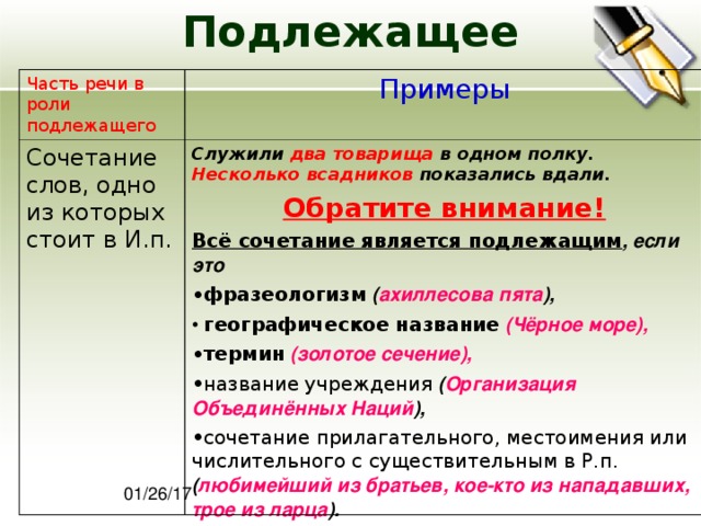 Подлежащее Часть речи в роли подлежащего  Примеры Сочетание слов, одно из которых стоит в И.п. Служили два товарища в одном полку. Несколько всадников показались вдали. Обратите внимание! Всё сочетание является подлежащим , если это фразеологизм ( ахиллесова пята ),  географическое название  (Чёрное море),  термин  (золотое сечение),  название учреждения ( Организация Объединённых Наций ), сочетание прилагательного, местоимения или числительного с существительным в Р.п. ( любимейший из братьев, кое-кто из нападавших, трое из ларца ).  