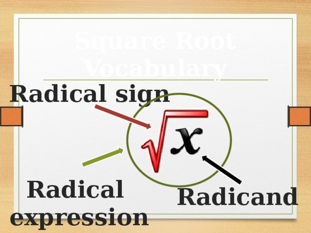 Square Root Vocabulary Radical sign Radical  expression Radicand 