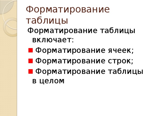 Форматирование таблицы Форматирование таблицы включает:  Форматирование ячеек;  Форматирование строк;  Форматирование таблицы в целом 