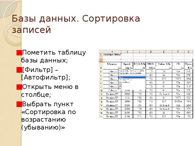 Базы данных. Сортировка записей Пометить таблицу базы данных; [Фильтр] – [Автофильтр]; Открыть меню в столбце; Выбрать пункт «Сортировка по возрастанию (убыванию)» 