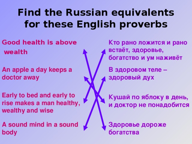 Find the Russian equivalents for these English proverbs Good health is above wealth  Кто рано ложится и рано встаёт, здоровье, богатство и ум наживёт В здоровом теле – здоровый дух  An apple a day keeps a doctor away Early to bed and early to rise makes a man healthy, wealthy and wise Кушай по яблоку в день, и доктор не понадобится A sound mind in a sound body Здоровье дороже богатства 