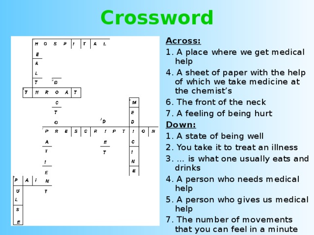 Crossword Across: 1. A place where we get medical help 4. A sheet of paper with the help of which we take medicine at the chemist’s 6. The front of the neck 7. A feeling of being hurt Down: 1. A state of being well 2. You take it to treat an illness 3. … is what one usually eats and drinks 4. A person who needs medical help 5. A person who gives us medical help 7. The number of movements that you can feel in a minute 
