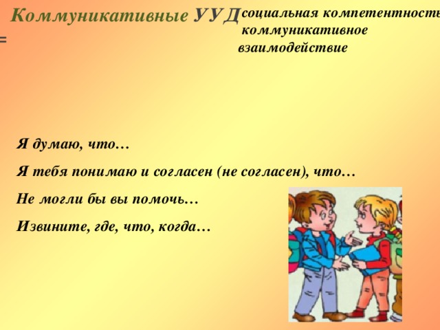  социальная компетентность,  Коммуникативные УУД =  коммуникативное взаимодействие  Я думаю, что… Я тебя понимаю и согласен (не согласен), что… Не могли бы вы помочь… Извините, где, что, когда… 