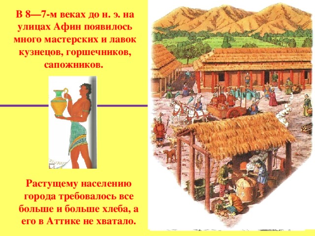 В 8—7-м веках до н. э. на улицах Афин появилось много мастерских и лавок кузнецов, горшечников, сапожников. Растущему населению города требовалось все больше и больше хлеба, а его в Аттике не хватало.