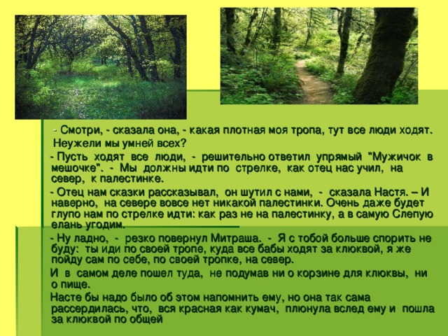 - Смотри, - сказала она, - какая плотная моя тропа, тут все люди ходят.  Неужели мы умней всех?  - Пусть ходят все люди, - решительно ответил упрямый 