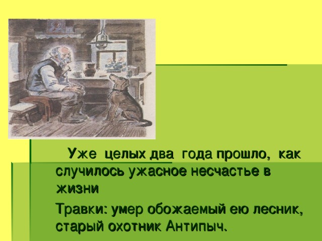 Уже целых два года прошло, как случилось ужасное несчастье в жизни  Травки: умер обожаемый ею лесник, старый охотник Антипыч.