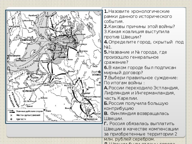 1. Назовите хронологические рамки данного исторического события. 2. Каковы причины этой войны? 3.Какая коалиция выступила против Швеции? 4. Определите город, скрытый под №1. 5. Название и № города, где произошло генеральное сражение? 6. В каком городе был подписан мирный договор? 7 .Выбери правильное суждение: По итогам войны : А. России переходило Эстландия, Лифляндия и Ингерманландия, часть Карелии. Б. Россия получила большую контрибуцию В. Финляндия возвращалась Швеции. Г. Россия обязалась выплатить Швеции в качестве компенсации за приобретенные территории 2 млн. рублей серебром. Д. Швеции были отданы города Нарва, Ям, Копорье и Юрьев. Е. Россия наладила морскую торговлю с Европой.