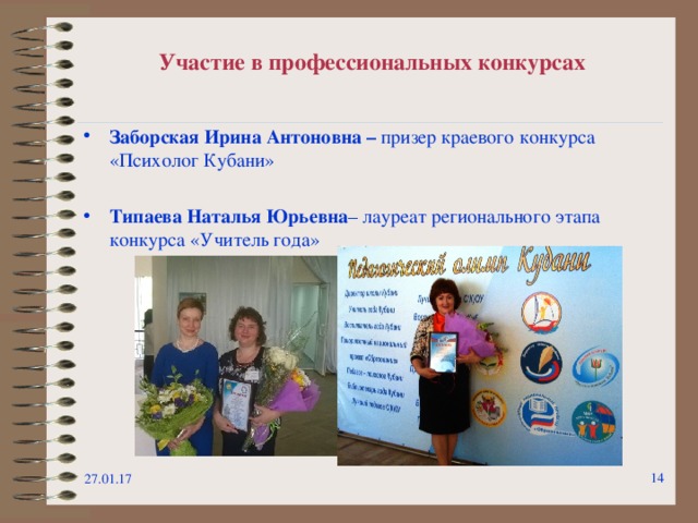 Участие в профессиональных конкурсах Заборская Ирина Антоновна – призер краевого конкурса «Психолог Кубани»  Типаева Наталья Юрьевна – лауреат регионального этапа конкурса «Учитель года»  27.01.17  