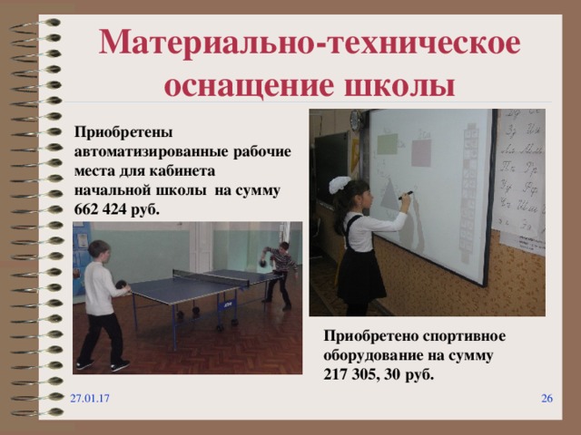 Материально-техническое оснащение школы Приобретены автоматизированные рабочие места для кабинета начальной школы на сумму 662 424 руб. Приобретено спортивное оборудование на сумму 217 305, 30 руб. 27.01.17  