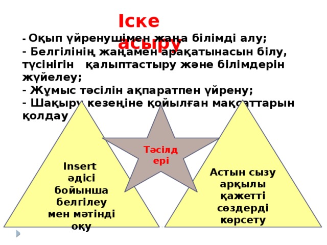 Іске асыру - Оқып үйренушімен жаңа білімді алу;  - Белгілінің жаңамен арақатынасын білу, түсінігін қалыптастыру және білімдерін жүйелеу;  - Жұмыс тәсілін ақпаратпен үйрену;  - Шақыру кезеңіне қойылған мақсаттарын қолдау          Астын сызу арқылы қажетті сөздерді көрсету Insert әдісі бойынша белгілеу мен мәтінді оқу Тәсілдері 