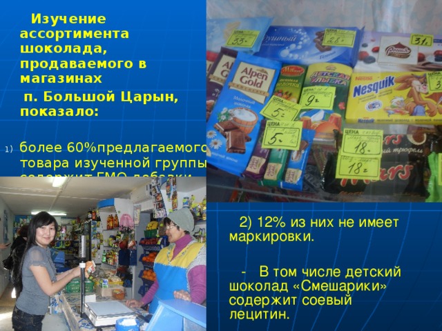  Изучение ассортимента шоколада, продаваемого в магазинах  п. Большой Царын, показало:  более 60%предлагаемого товара изученной группы содержит ГМО-добавки,  2) 12% из них не имеет маркировки.  - В том числе детский шоколад «Смешарики» содержит соевый лецитин. 