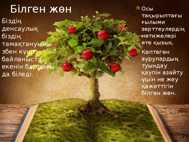 Білген жөн Осы тақырыптағы ғылыми зерттеулердің нәтижелері өте қызық.  Біздің денсаулық біздің тамақтануымызбен күшті байланыста екенін барлығы да біледі.     Көптеген аурулардың туындау қаупін азайту үшін не жеу қажеттігін білген жөн. 