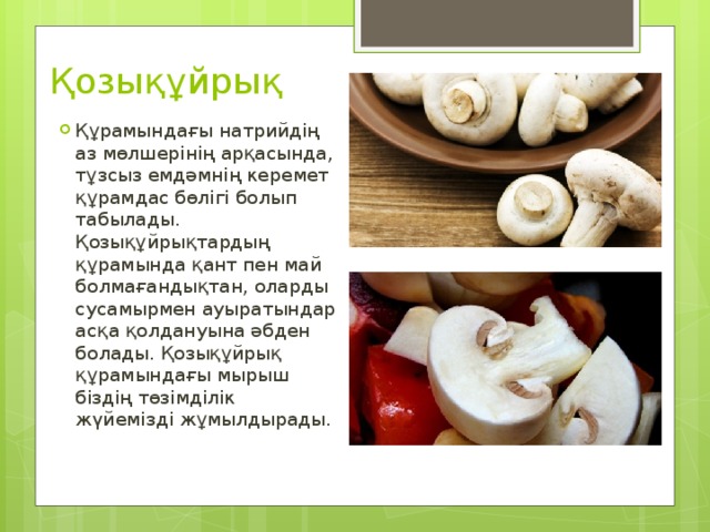 Қозықұйрық Құрамындағы натрийдің аз мөлшерінің арқасында, тұзсыз емдәмнің керемет құрамдас бөлігі болып табылады. Қозықұйрықтардың құрамында қант пен май болмағандықтан, оларды сусамырмен ауыратындар асқа қолдануына әбден болады. Қозықұйрық құрамындағы мырыш біздің төзімділік жүйемізді жұмылдырады. 