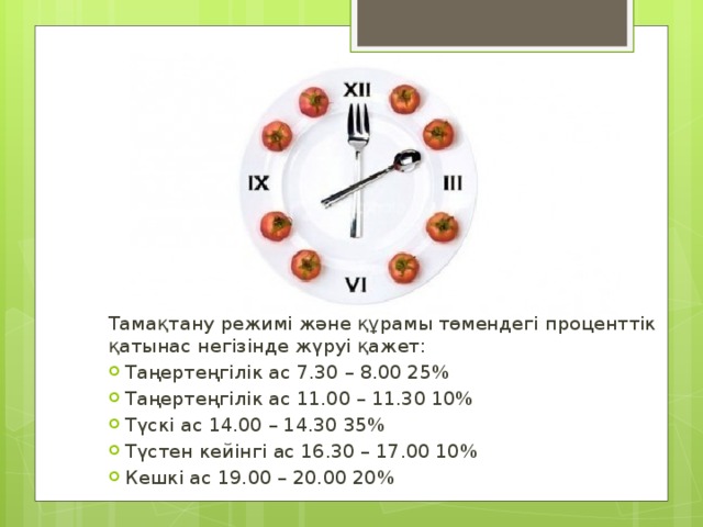 Тамақтану режимі және құрамы төмендегі проценттік қатынас негізінде жүруі қажет: Таңертеңгілік ас 7.30 – 8.00 25% Таңертеңгілік ас 11.00 – 11.30 10% Түскі ас 14.00 – 14.30 35% Түстен кейінгі ас 16.30 – 17.00 10% Кешкі ас 19.00 – 20.00 20% 