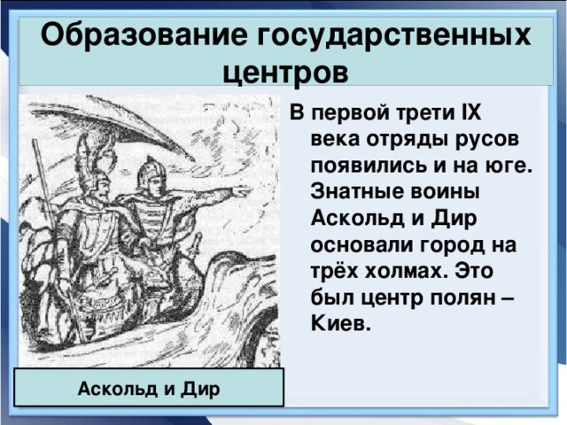 Образование государственных центров В первой трети IX века отряды русов появились и на юге. Знатные воины Аскольд и Дир основали город на трёх холмах. Это был центр полян – Киев. Аскольд и Дир 