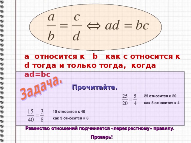 а  относится к b как с относится к d тогда и только тогда, когда ad=bc Прочитайте. 25 относится к 20 как 5 относится к 4 15 относится к 40 как 3 относится к 8 Равенство отношений подчиняется «перекрестному» правилу. Проверь! 