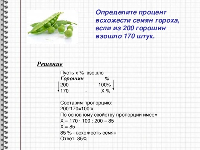 Определите процент всхожести семян гороха, если из 200 горошин взошло 170 штук. Решение Пусть х % взошло Горошин % 200 - 100% 170 - Х % Составим пропорцию: 200:170=100:х По основному свойству пропорции имеем Х = 170 ∙ 100 : 200 = 85 Х = 85 85 % - всхожесть семян Ответ. 85% 