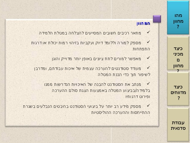 מהו מחוון? המחוון מתאר רכיבים חשובים המסייעים להצלחה במטלת הלמידה מספק למורה וללומד דיוק ועקביות בזיהוי רמות יכולת או דרגות  התפתחות מאפשר למורים לתת ציונים באופן יותר מדוייק והוגן מעודד סטודנטים להערכה עצמית של איכות עבודתם, ומדרבן  לשיפור תוך כדי הכנת המטלה מנתב את הסטודנט להבנה של האיכויות הנדרשות ממנו  בלמידה/בביצוע המטלה באמצעות הצגת סולם ההערכה  ופירוט דרגותיו מספק מידע רב יותר על ביצועי הסטודנט בהיבטים הנבלעים בשגרת  ההתייחסות וההערכה ההוליסטיות כיצד מכינים מחוון? כיצד מדווחים? עבודת סדנאית 