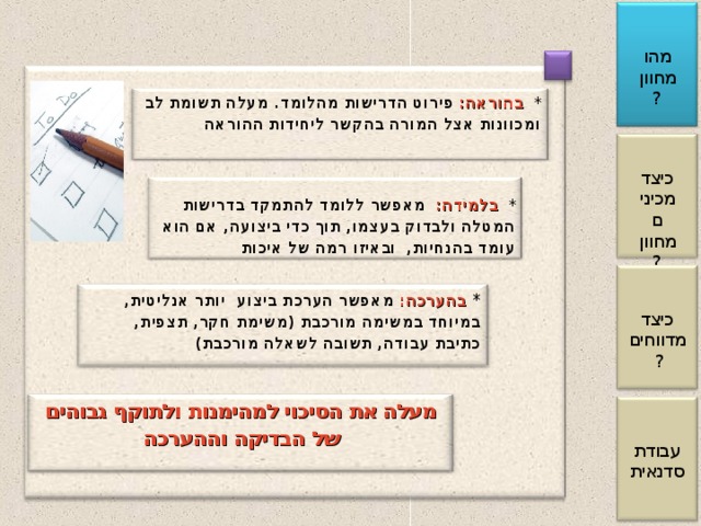 מהו מחוון? * בהוראה:  פירוט הדרישות מהלומד. מעלה תשומת לב ומכוונות אצל המורה בהקשר ליחידות ההוראה כיצד מכינים מחוון? * בלמידה:  מאפשר ללומד להתמקד בדרישות המטלה ולבדוק בעצמו, תוך כדי ביצועה, אם הוא עומד בהנחיות, ובאיזו רמה של איכות * בהערכה:  מאפשר הערכת ביצוע יותר אנליטית, במיוחד במשימה מורכבת (משימת חקר, תצפית, כתיבת עבודה, תשובה לשאלה מורכבת) כיצד מדווחים? מעלה את הסיכוי למהימנות ולתוקף גבוהים של הבדיקה וההערכה עבודת סדנאית 