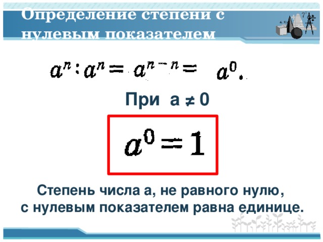 Определение степени с нулевым показателем При a ≠ 0 Степень числа a, не равного нулю, с нулевым показателем равна единице.