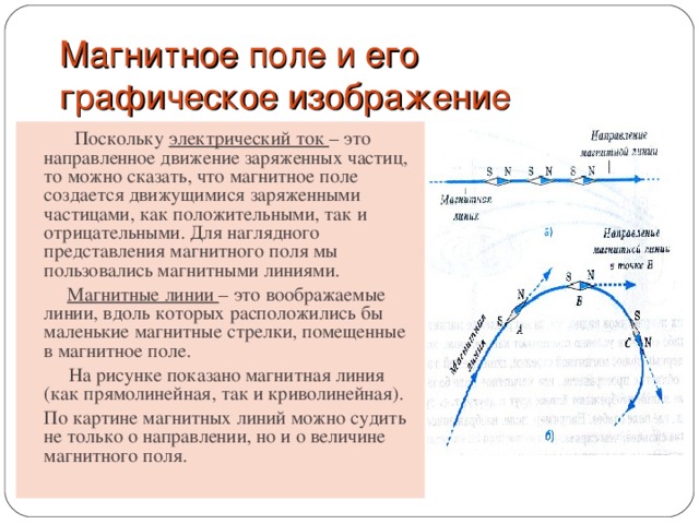 Магнитное поле и его графическое изображение   Поскольку электрический ток – это направленное движение заряженных частиц, то можно сказать, что магнитное поле создается движущимися заряженными частицами, как положительными, так и отрицательными. Для наглядного представления магнитного поля мы пользовались магнитными линиями.  Магнитные линии – это воображаемые линии, вдоль которых расположились бы маленькие магнитные стрелки, помещенные в магнитное поле.   На рисунке показано магнитная линия (как прямолинейная, так и криволинейная).  По картине магнитных линий можно судить не только о направлении, но и о величине магнитного поля. 