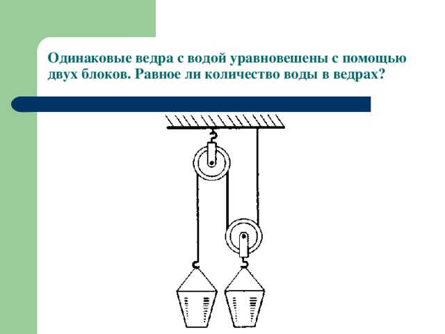 Одинаковые ведра с водой уравновешены с помощью двух блоков. Равное ли количество воды в ведрах?