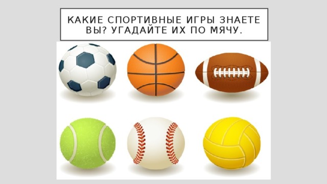 Какие спортивные игры знаете вы? Угадайте их по мячу. 