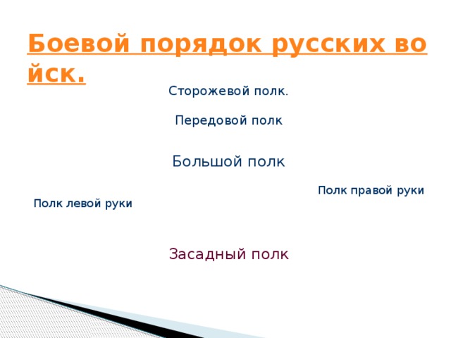 Сторожевой полк. Передовой полк Большой полк Полк правой руки Полк левой руки Засадный полк 