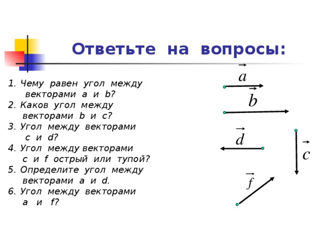 Ответьте на вопросы: Чему равен угол между  векторами а и b? Каков угол между  векторами b и с? Угол между векторами  c и d? Угол между векторами  с и f острый или тупой? Определите угол между  векторами а и d. Угол между векторами  а и f?  