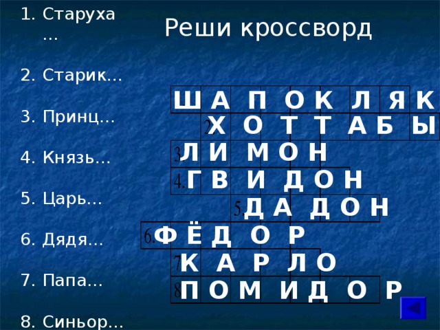 Старуха…  Старик…  Принц…  Князь…  Царь…  Дядя…  Папа…  Синьор… Реши кроссворд Ш А П О К Л Я К 1 . 2 . 3 . 4 . 6 . 7 . 5 . 8 . Х О Т Т А Б Ы Ч Л И М О Н Г В И Д О Н  Д А Д О Н  Ф Ё Д О Р К А Р Л О П О М И Д О Р 