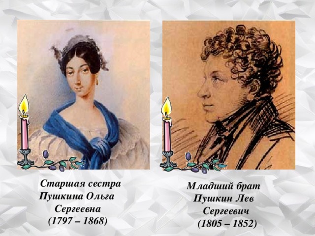  Старшая сестра  Пушкина Ольга Сергеевна (1797 – 1868) Младший брат Пушкин Лев Сергеевич  (1805 – 1852) 