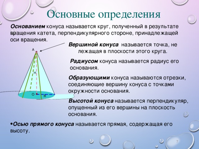 Основание и образующая конуса. Основание конуса. Основные определения конуса. Что называется основанием конуса. Ось конуса определение.