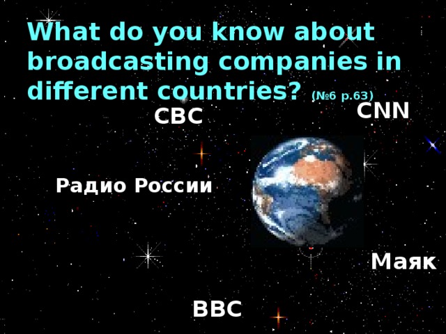 What do you know about broadcasting companies in different countries? ( №6 p.63) CNN CBC Радио России Маяк BBC 