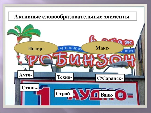  Активные словообразовательные элементы Интер- Макс- Ауто- Техно- С/Саранск- Стиль- Строй- Банк- 